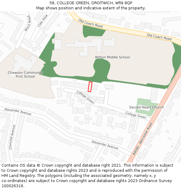 58, COLLEGE GREEN, DROITWICH, WR9 8QP: Location map and indicative extent of plot