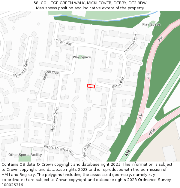 58, COLLEGE GREEN WALK, MICKLEOVER, DERBY, DE3 9DW: Location map and indicative extent of plot