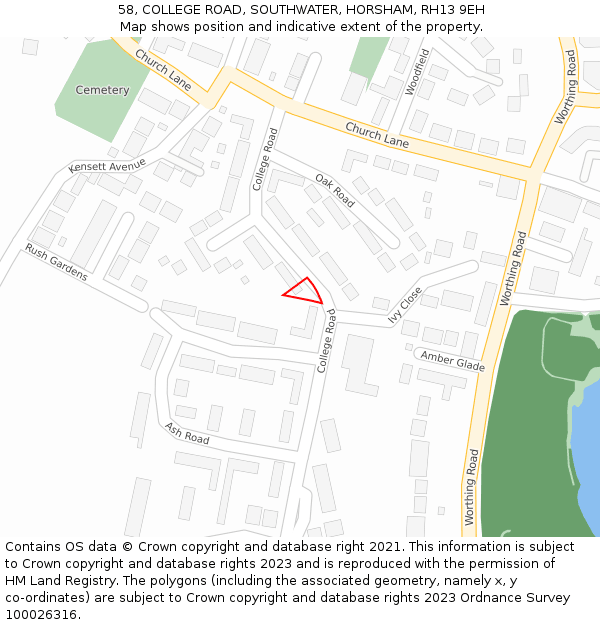 58, COLLEGE ROAD, SOUTHWATER, HORSHAM, RH13 9EH: Location map and indicative extent of plot