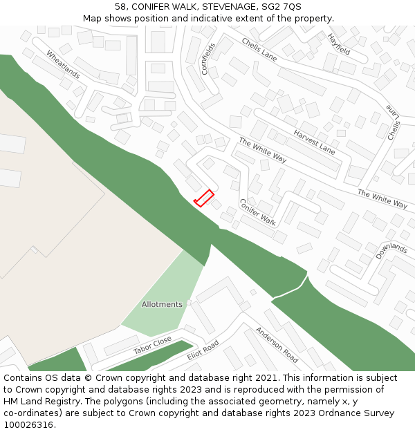 58, CONIFER WALK, STEVENAGE, SG2 7QS: Location map and indicative extent of plot