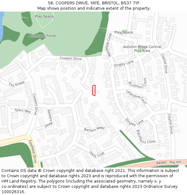 58, COOPERS DRIVE, YATE, BRISTOL, BS37 7YF: Location map and indicative extent of plot