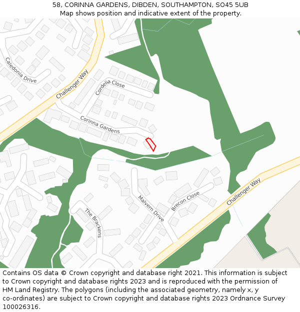 58, CORINNA GARDENS, DIBDEN, SOUTHAMPTON, SO45 5UB: Location map and indicative extent of plot