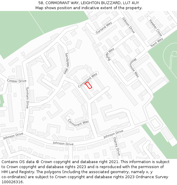 58, CORMORANT WAY, LEIGHTON BUZZARD, LU7 4UY: Location map and indicative extent of plot