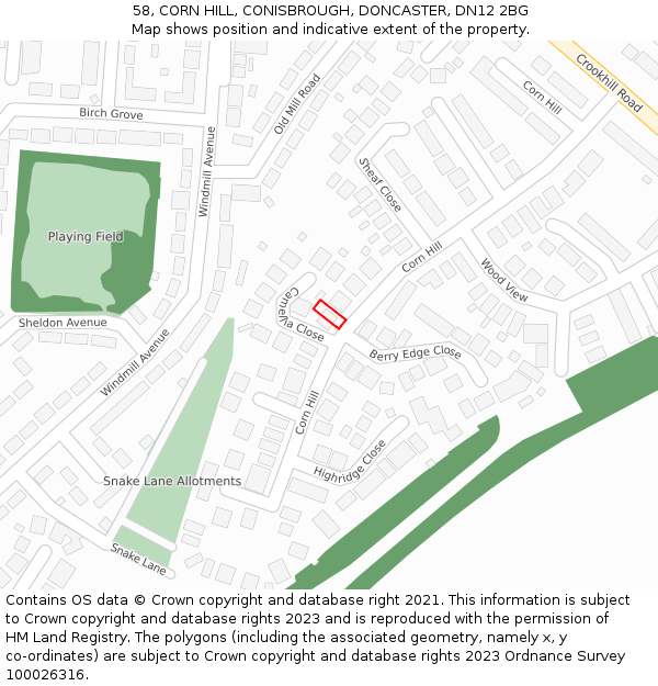 58, CORN HILL, CONISBROUGH, DONCASTER, DN12 2BG: Location map and indicative extent of plot