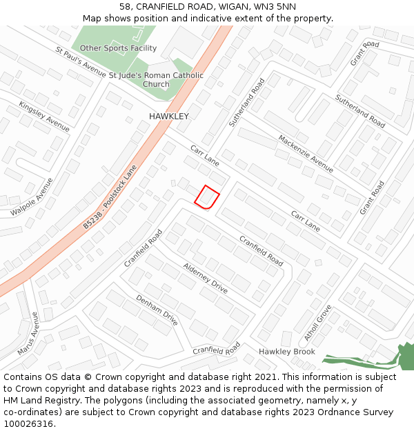 58, CRANFIELD ROAD, WIGAN, WN3 5NN: Location map and indicative extent of plot