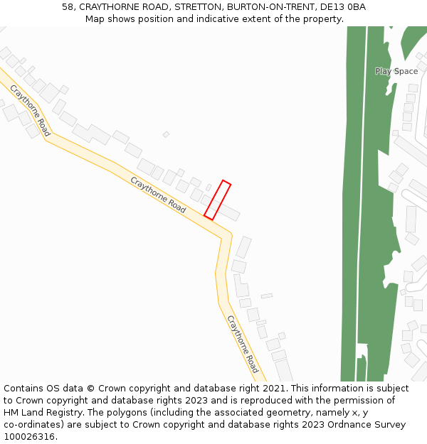 58, CRAYTHORNE ROAD, STRETTON, BURTON-ON-TRENT, DE13 0BA: Location map and indicative extent of plot