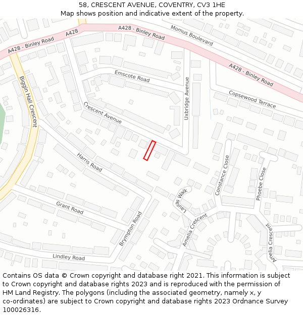 58, CRESCENT AVENUE, COVENTRY, CV3 1HE: Location map and indicative extent of plot