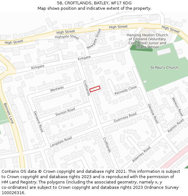 58, CROFTLANDS, BATLEY, WF17 6DG: Location map and indicative extent of plot