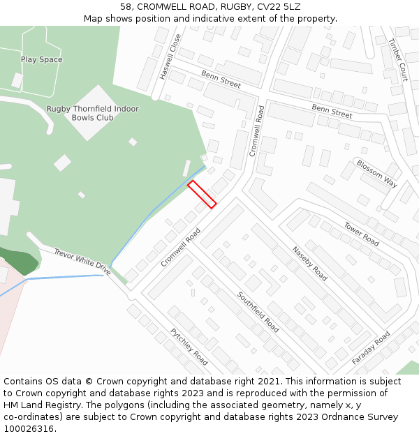 58, CROMWELL ROAD, RUGBY, CV22 5LZ: Location map and indicative extent of plot