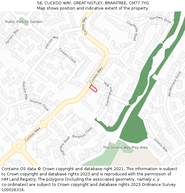 58, CUCKOO WAY, GREAT NOTLEY, BRAINTREE, CM77 7YG: Location map and indicative extent of plot