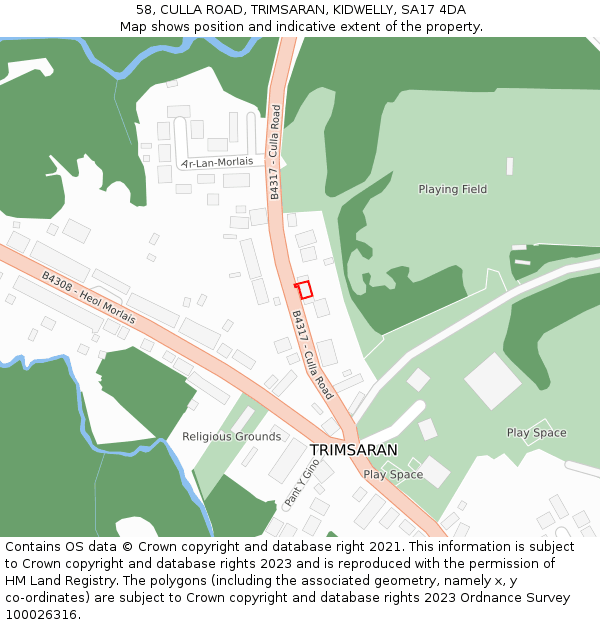 58, CULLA ROAD, TRIMSARAN, KIDWELLY, SA17 4DA: Location map and indicative extent of plot