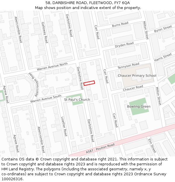 58, DARBISHIRE ROAD, FLEETWOOD, FY7 6QA: Location map and indicative extent of plot