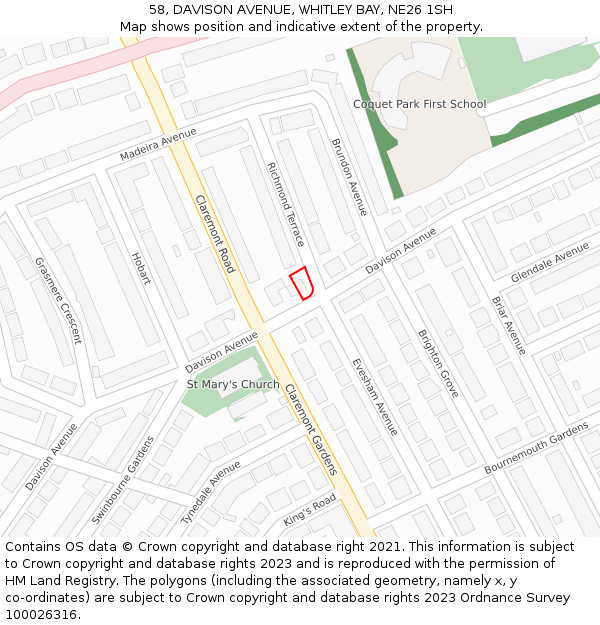 58, DAVISON AVENUE, WHITLEY BAY, NE26 1SH: Location map and indicative extent of plot