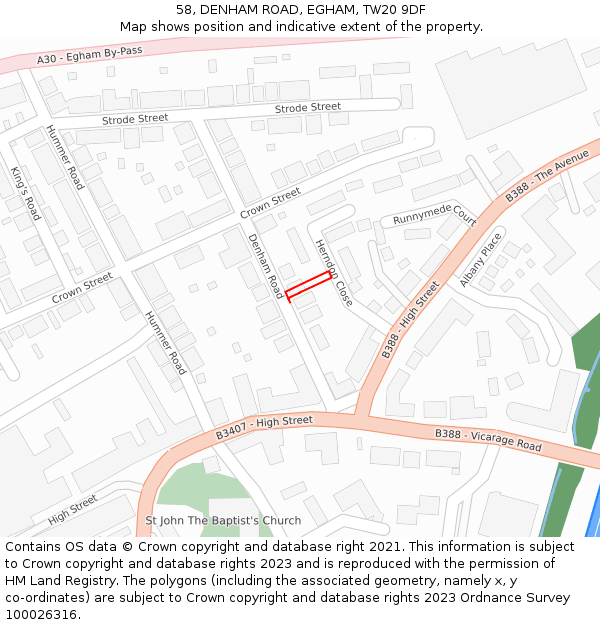 58, DENHAM ROAD, EGHAM, TW20 9DF: Location map and indicative extent of plot