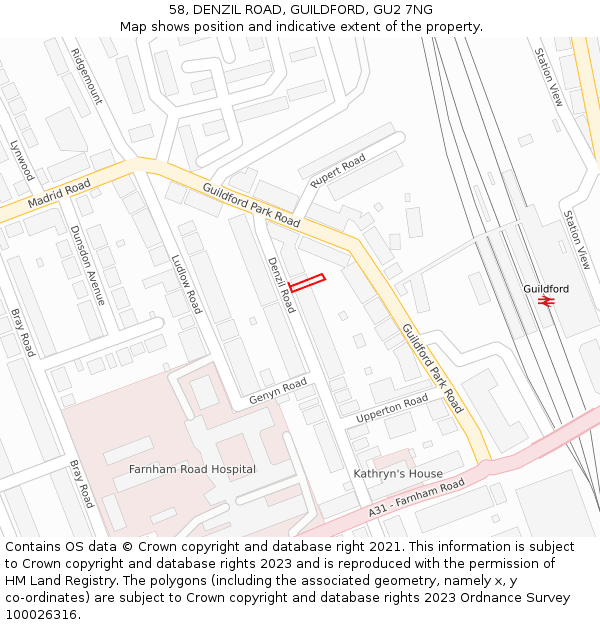 58, DENZIL ROAD, GUILDFORD, GU2 7NG: Location map and indicative extent of plot