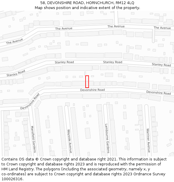 58, DEVONSHIRE ROAD, HORNCHURCH, RM12 4LQ: Location map and indicative extent of plot