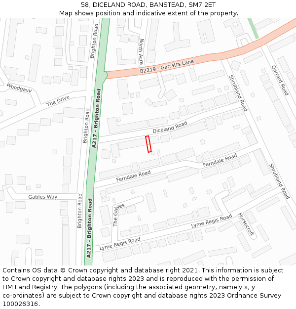 58, DICELAND ROAD, BANSTEAD, SM7 2ET: Location map and indicative extent of plot