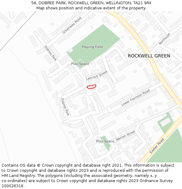 58, DOBREE PARK, ROCKWELL GREEN, WELLINGTON, TA21 9RX: Location map and indicative extent of plot