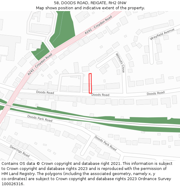 58, DOODS ROAD, REIGATE, RH2 0NW: Location map and indicative extent of plot