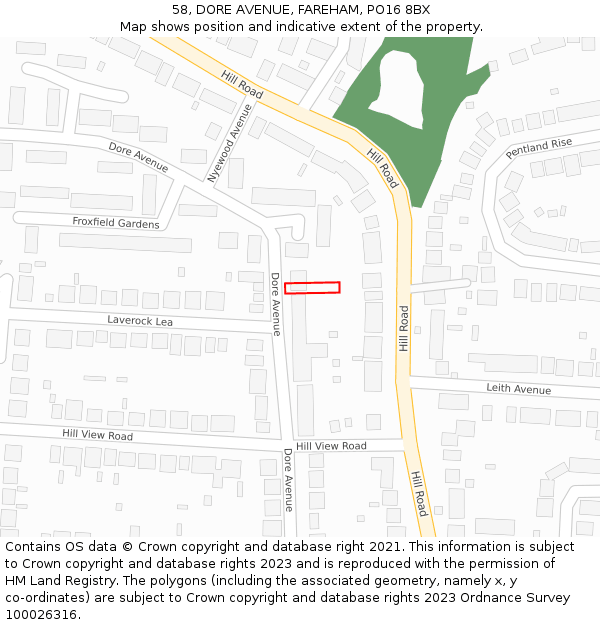 58, DORE AVENUE, FAREHAM, PO16 8BX: Location map and indicative extent of plot