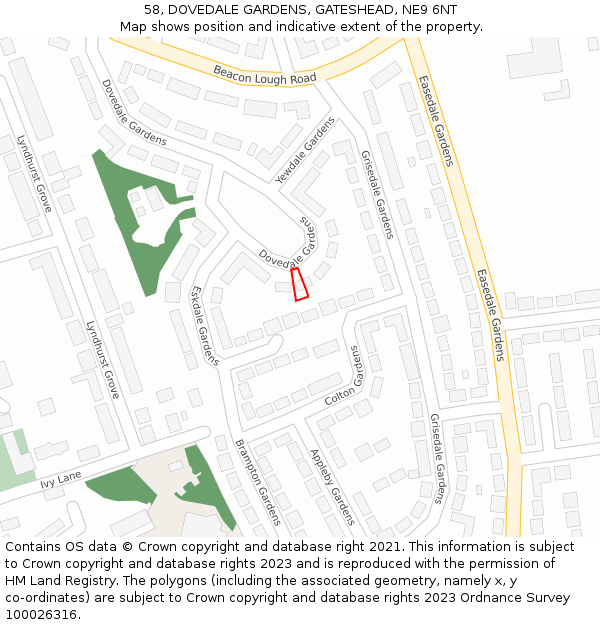 58, DOVEDALE GARDENS, GATESHEAD, NE9 6NT: Location map and indicative extent of plot