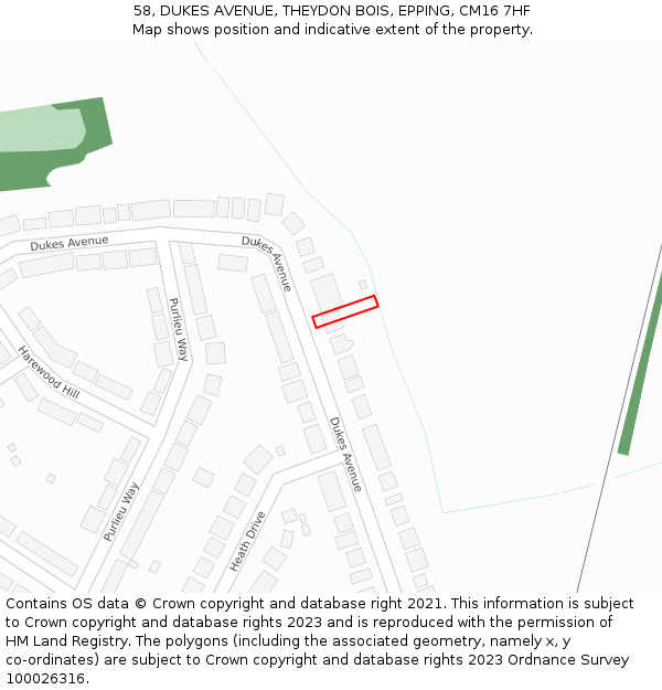 58, DUKES AVENUE, THEYDON BOIS, EPPING, CM16 7HF: Location map and indicative extent of plot