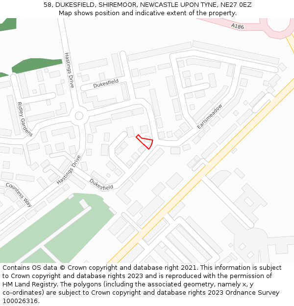 58, DUKESFIELD, SHIREMOOR, NEWCASTLE UPON TYNE, NE27 0EZ: Location map and indicative extent of plot