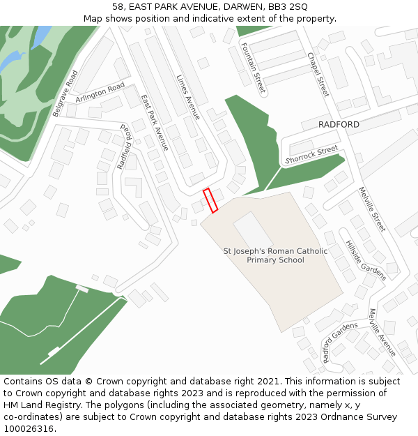 58, EAST PARK AVENUE, DARWEN, BB3 2SQ: Location map and indicative extent of plot