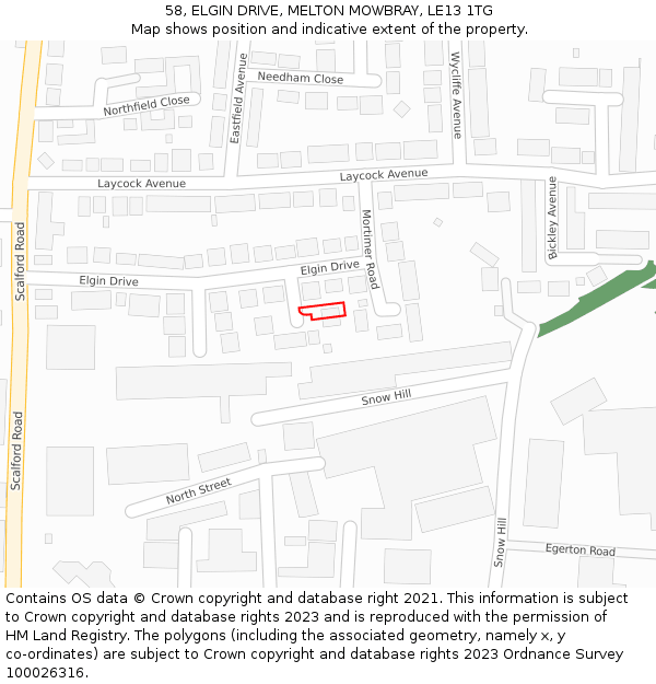 58, ELGIN DRIVE, MELTON MOWBRAY, LE13 1TG: Location map and indicative extent of plot