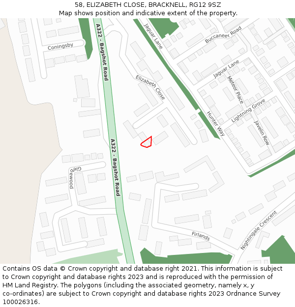 58, ELIZABETH CLOSE, BRACKNELL, RG12 9SZ: Location map and indicative extent of plot