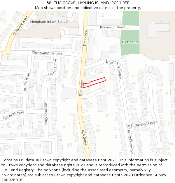 58, ELM GROVE, HAYLING ISLAND, PO11 9EF: Location map and indicative extent of plot