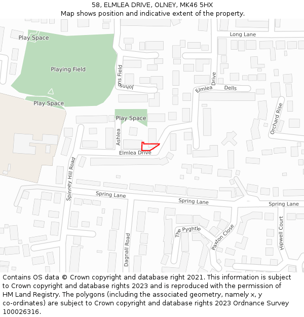 58, ELMLEA DRIVE, OLNEY, MK46 5HX: Location map and indicative extent of plot