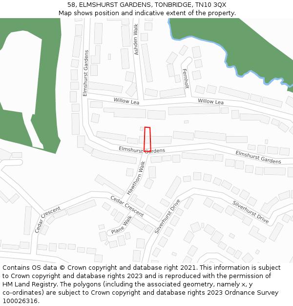 58, ELMSHURST GARDENS, TONBRIDGE, TN10 3QX: Location map and indicative extent of plot