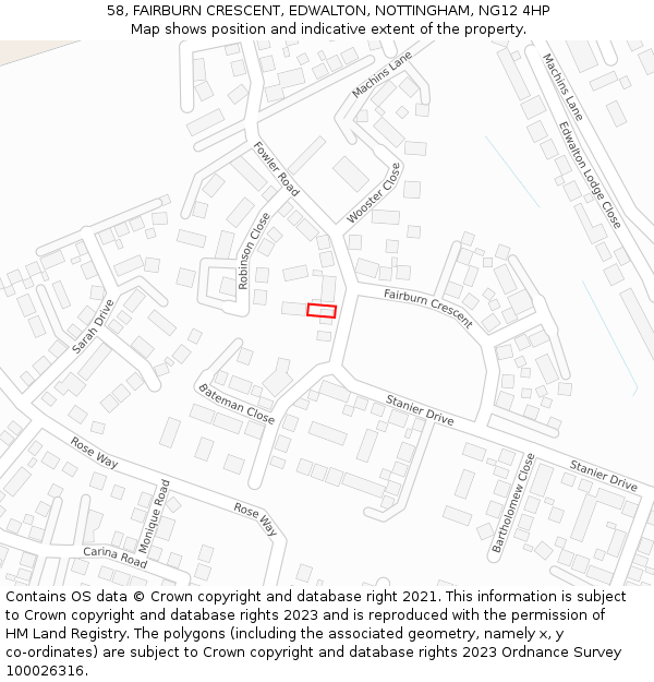 58, FAIRBURN CRESCENT, EDWALTON, NOTTINGHAM, NG12 4HP: Location map and indicative extent of plot