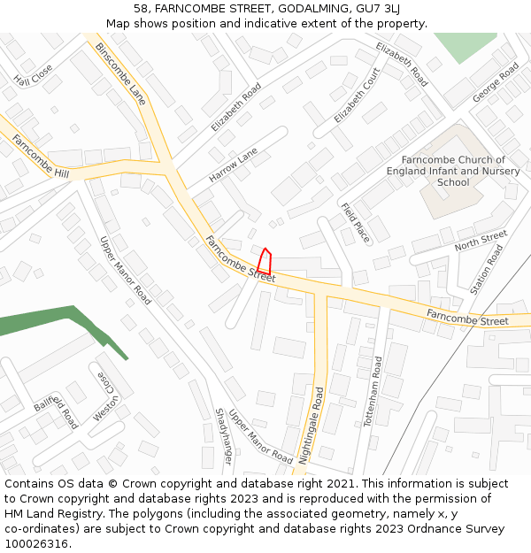 58, FARNCOMBE STREET, GODALMING, GU7 3LJ: Location map and indicative extent of plot