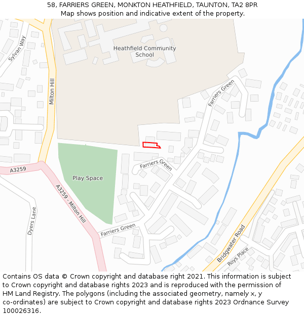 58, FARRIERS GREEN, MONKTON HEATHFIELD, TAUNTON, TA2 8PR: Location map and indicative extent of plot