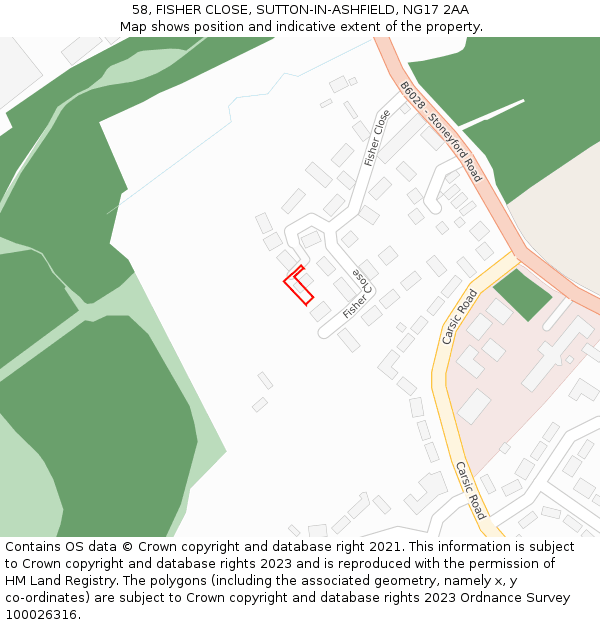 58, FISHER CLOSE, SUTTON-IN-ASHFIELD, NG17 2AA: Location map and indicative extent of plot