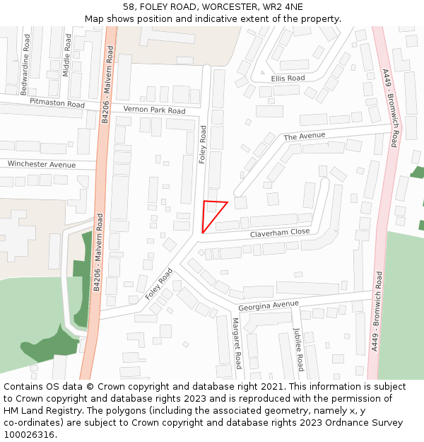 58, FOLEY ROAD, WORCESTER, WR2 4NE: Location map and indicative extent of plot