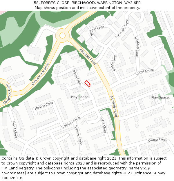 58, FORBES CLOSE, BIRCHWOOD, WARRINGTON, WA3 6PP: Location map and indicative extent of plot