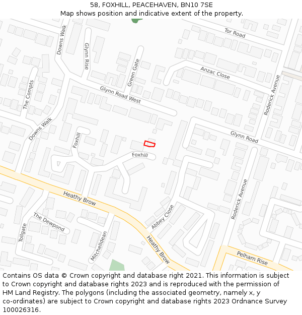 58, FOXHILL, PEACEHAVEN, BN10 7SE: Location map and indicative extent of plot