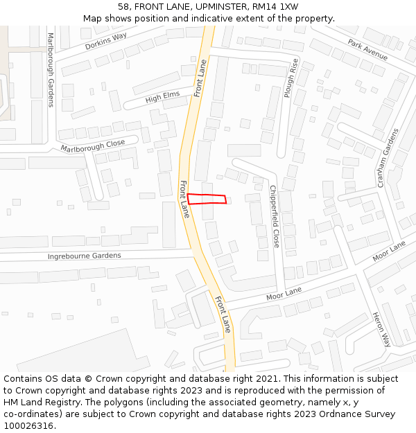 58, FRONT LANE, UPMINSTER, RM14 1XW: Location map and indicative extent of plot