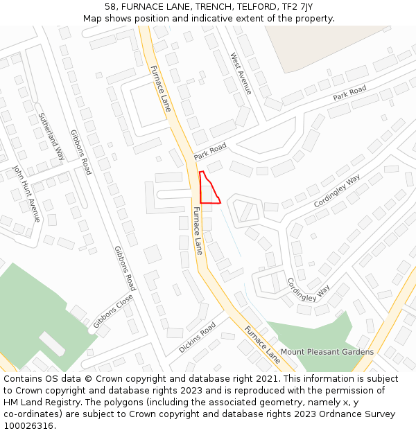 58, FURNACE LANE, TRENCH, TELFORD, TF2 7JY: Location map and indicative extent of plot