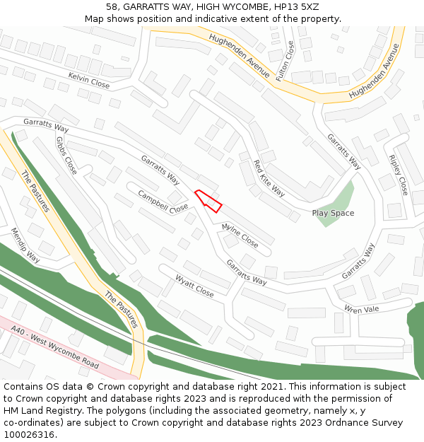 58, GARRATTS WAY, HIGH WYCOMBE, HP13 5XZ: Location map and indicative extent of plot