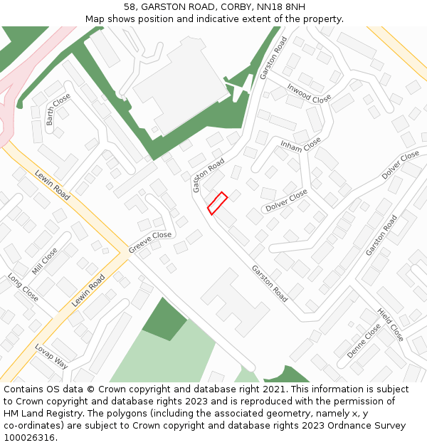 58, GARSTON ROAD, CORBY, NN18 8NH: Location map and indicative extent of plot