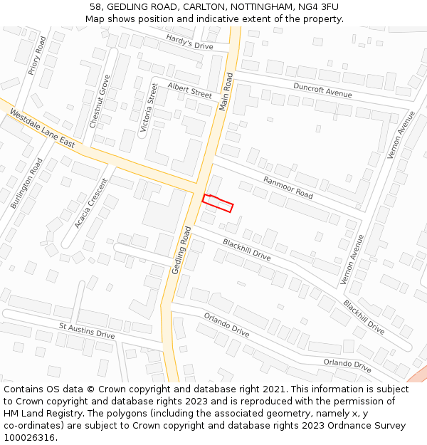 58, GEDLING ROAD, CARLTON, NOTTINGHAM, NG4 3FU: Location map and indicative extent of plot