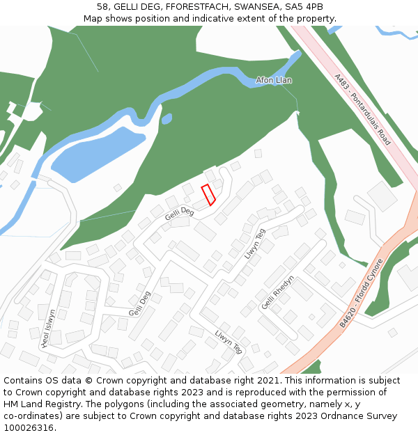 58, GELLI DEG, FFORESTFACH, SWANSEA, SA5 4PB: Location map and indicative extent of plot