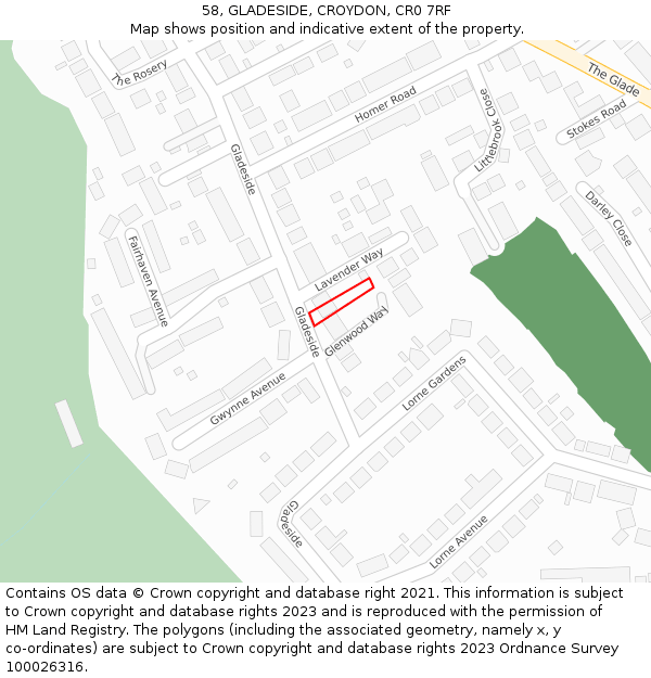 58, GLADESIDE, CROYDON, CR0 7RF: Location map and indicative extent of plot