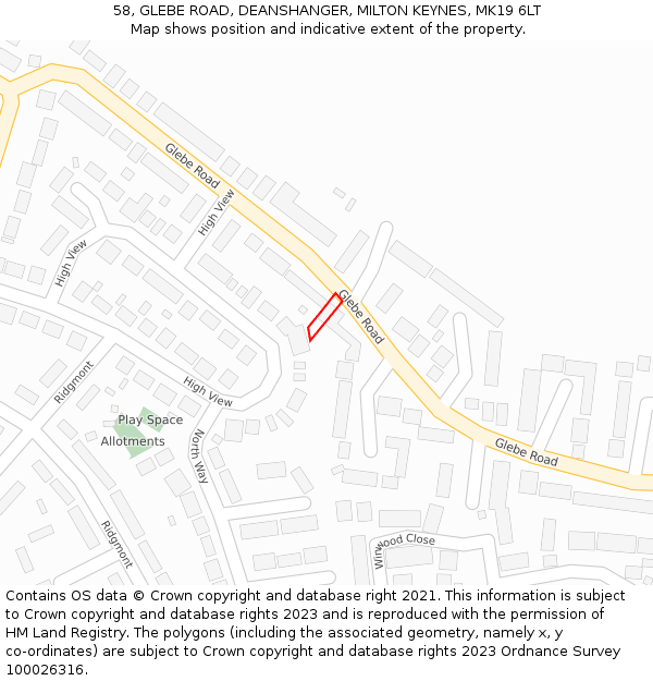 58, GLEBE ROAD, DEANSHANGER, MILTON KEYNES, MK19 6LT: Location map and indicative extent of plot