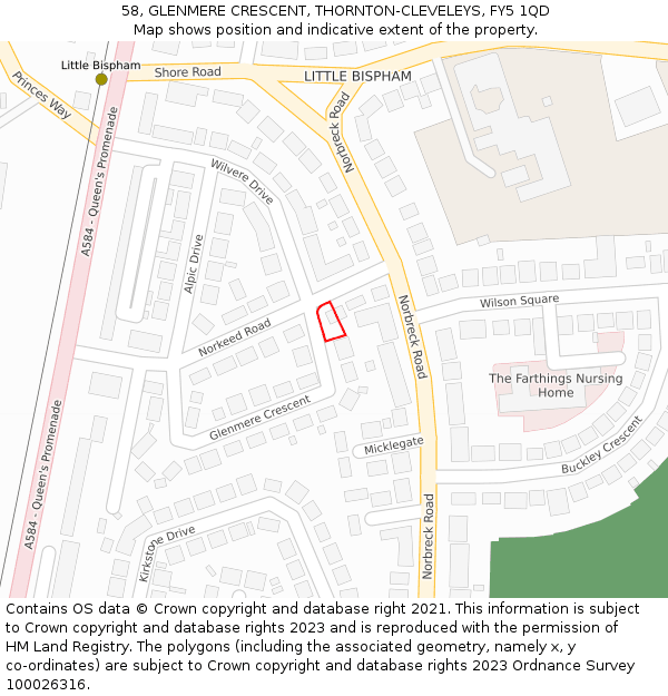 58, GLENMERE CRESCENT, THORNTON-CLEVELEYS, FY5 1QD: Location map and indicative extent of plot