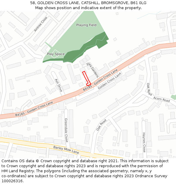 58, GOLDEN CROSS LANE, CATSHILL, BROMSGROVE, B61 0LG: Location map and indicative extent of plot